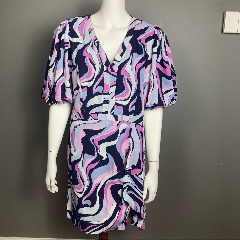 NWT Nicole Miller puff sleeve multi print chiffon midi faux wrap dress size 14